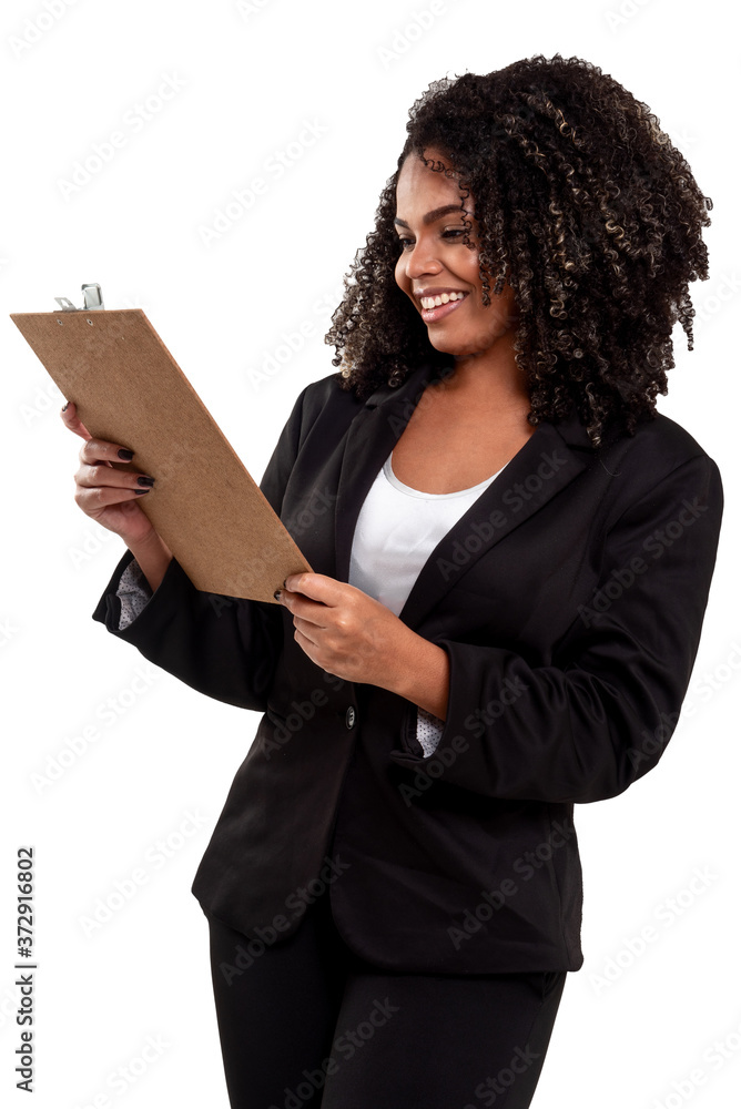 Cheerful and smiling executive black Brazilian woman isolated on white background Cheerful and smiling executive black Brazilian woman isolated on white background