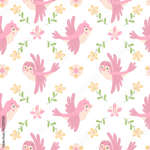 Seamless pattern with pink birds and flowers.