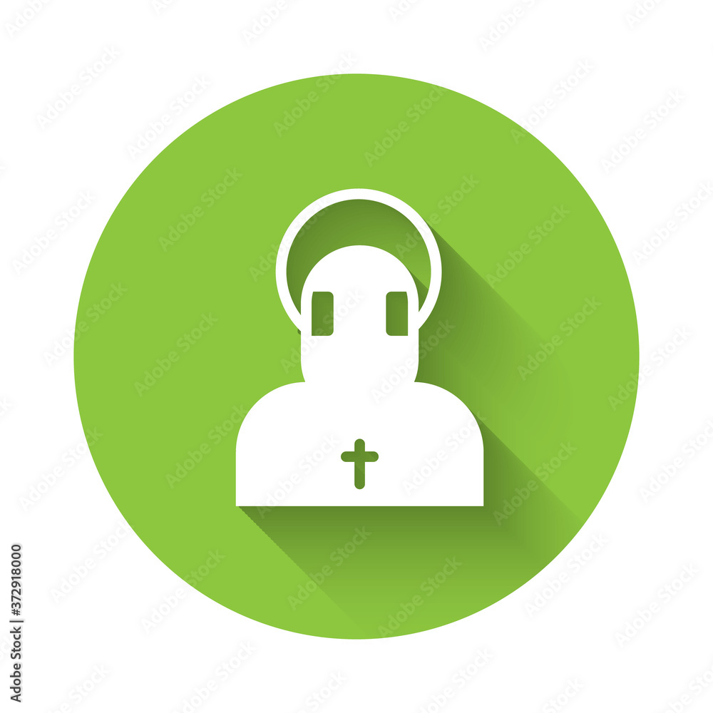 White Monk icon isolated with long shadow. Green circle button. Vector. White Monk icon isolated with long shadow. Green circle button. Vector.