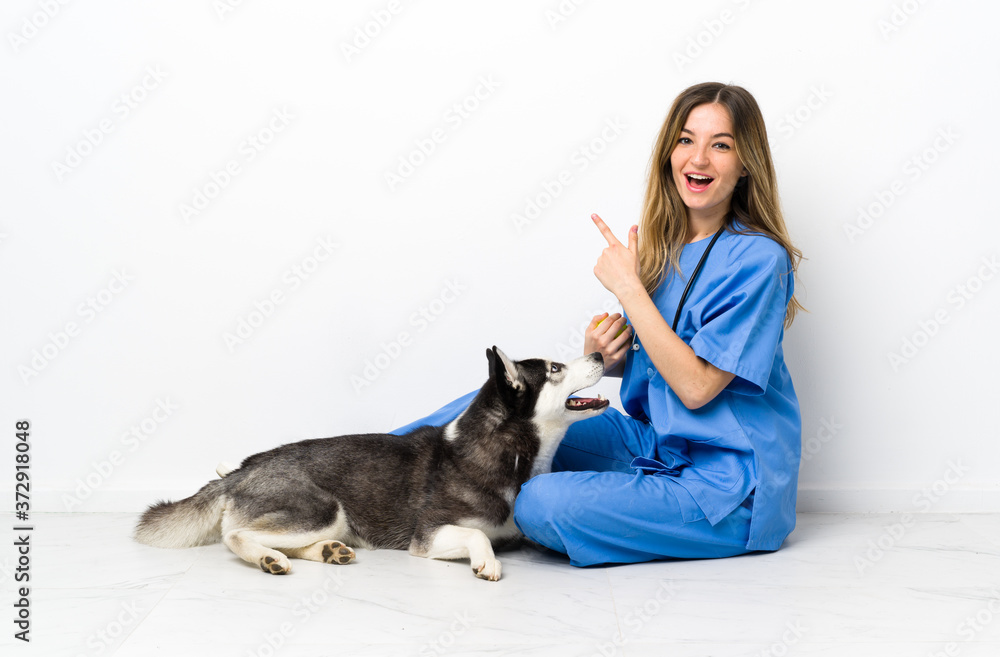 Veterinary doctor with Siberian Husky dog sitting on the floor pointing finger to the side