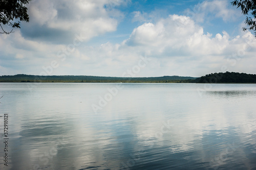 Big tranquil cozy forest lake in calm