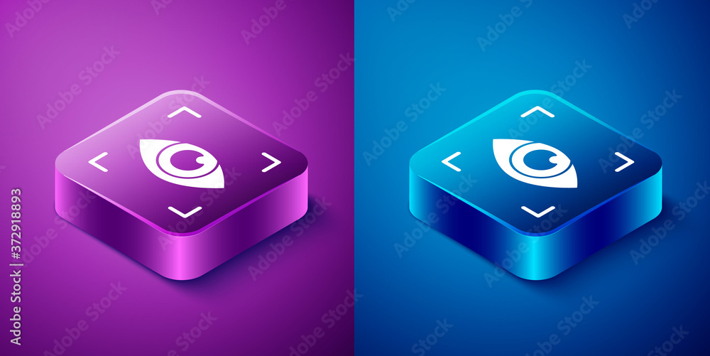 Isometric Eye scan icon isolated on blue and purple background. Scanning eye. Security check symbol. Cyber eye sign. Square button. Vector. Isometric Eye scan icon isolated on blue and purple background. Scanning eye. Security check symbol. Cyber eye sign. Square button. Vector.