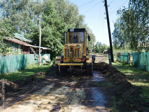 construction work to repair the road. In the village. Dug-up road