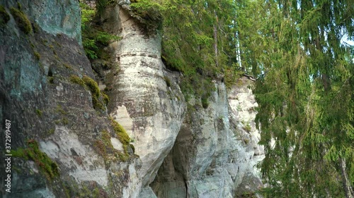 Cliff of Sietiniezis Rock, Latvia. Gauja National Park. Pine Forest Tourist Trail With Pathwalk Near Sandstone Cliffs.	 photo