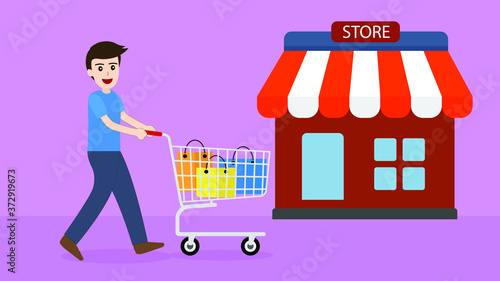 a man buy product with shopping cart