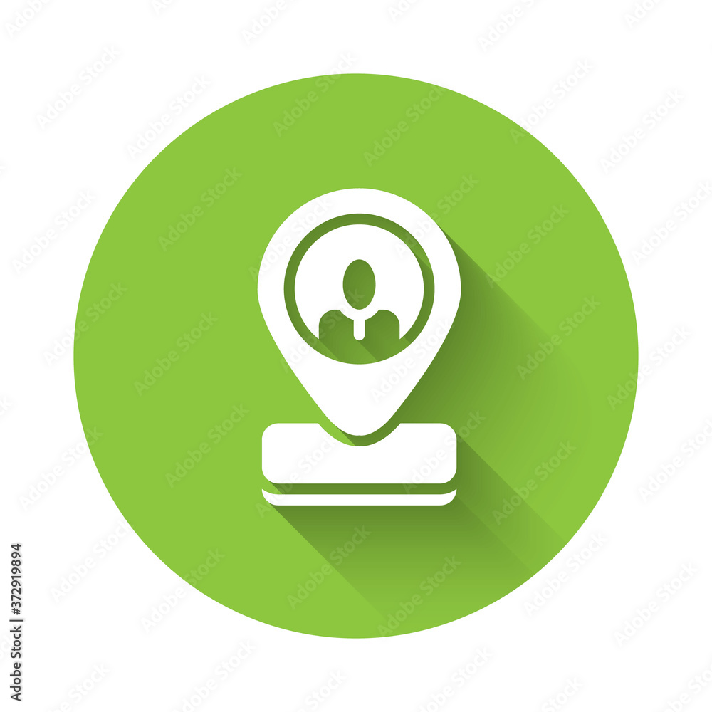 White Worker location icon isolated with long shadow. Green circle button. Vector.
