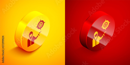 Isometric Marketing target strategy concept icon isolated on orange and red background. Aim with people sign. Circle button. Vector.