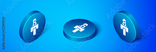 Isometric Stage stand or debate podium rostrum icon isolated on blue background. Conference speech tribune. Blue circle button. Vector.