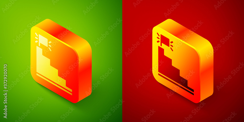 Isometric Stair with finish flag icon isolated on green and red background. Career growth business concept. Concept of business development. Square button. Vector. Isometric Stair with finish flag icon isolated on green and red background. Career growth business concept. Concept of business development. Square button. Vector.