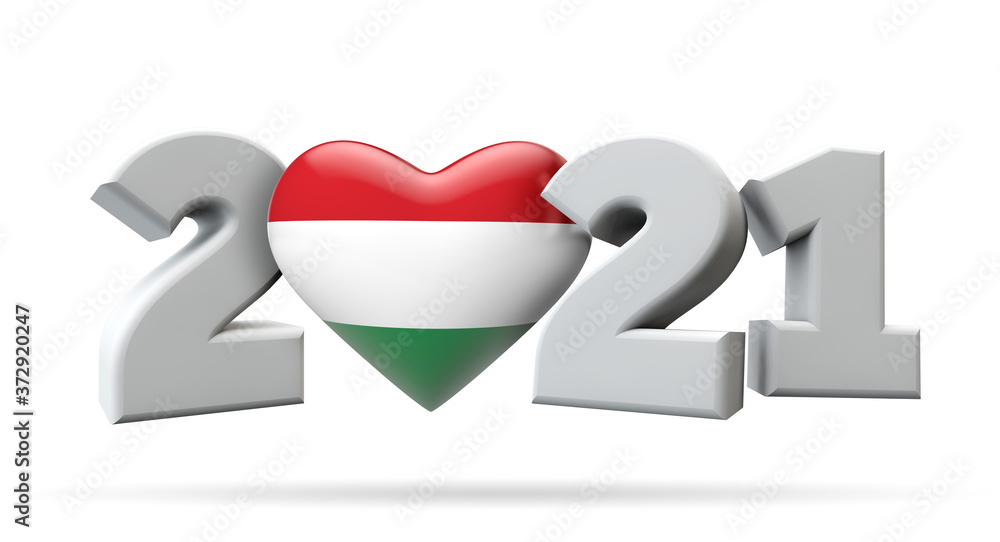 New year 2021 with hungary flag heart. 3D Rendering New year 2021 with hungary flag heart. 3D Rendering