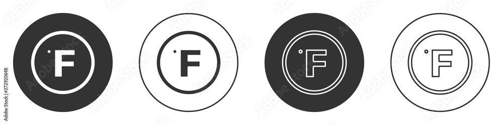 Black Fahrenheit icon isolated on white background. Circle button. Vector. Black Fahrenheit icon isolated on white background. Circle button. Vector.