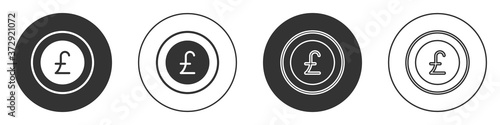 Black Coin money with pound sterling symbol icon isolated on white background. Banking currency sign. Cash symbol. Circle button. Vector.