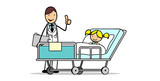 Kinderarzt neben Kind im Krankenbett  einer Klinik