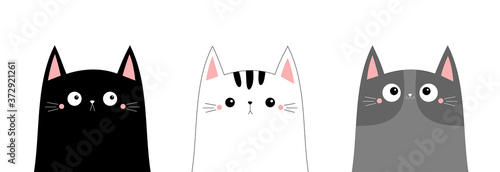 White black gray cat head face line contour silhouette icon set. Funny kawaii smiling sad doodle kitten kitty animal. Cute cartoon funny character. Pet collection. Flat design Baby background.