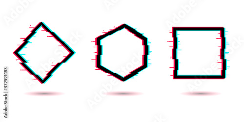 Vector glitch set. Digital distorted geometric shapes square, triangle, circle, rhombus. TV distortion logo.