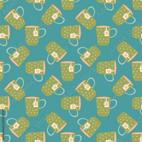 Green herbal tea cups seamless doodle pattern. Bright turquoise background. Creative artwork.