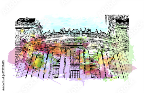 Building view with landmark of Antwerp is a city in Belgium and the capital of Antwerp province in the Flemish Region. Watercolor splash with hand drawn sketch illustration in vector. photo