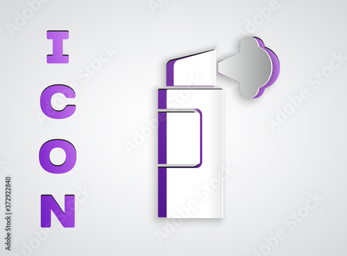 Paper cut Pepper spray icon isolated on grey background. OC gas. Capsicum self defense aerosol. Paper art style. Vector.