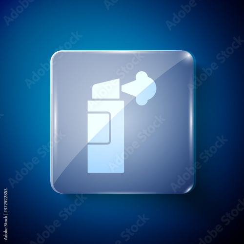 White Pepper spray icon isolated on blue background. OC gas. Capsicum self defense aerosol. Square glass panels. Vector.