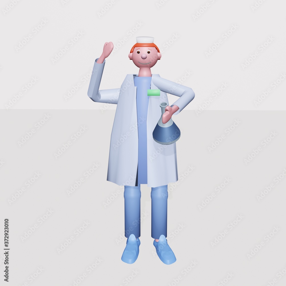 Medical scientist with a medical mask holding a glass test tube with liquid medicine or vaccine for the virus. Illustration in a cute plasticine style, 3D render volumetric view. Medical scientist with a medical mask holding a glass test tube with liquid medicine or vaccine for the virus. Illustration in a cute plasticine style, 3D render volumetric view.