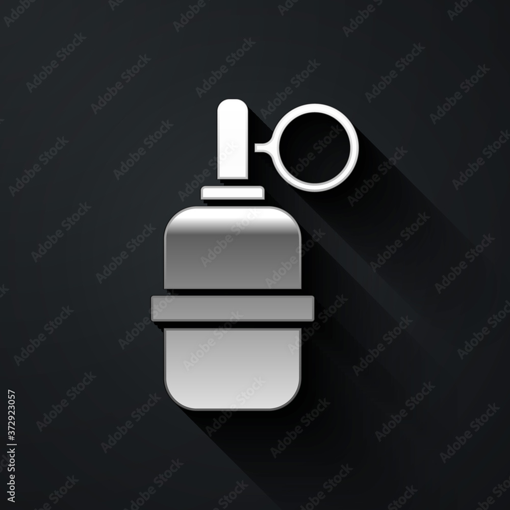 Silver Hand grenade icon isolated on black background. Bomb explosion. Long shadow style. Vector. Silver Hand grenade icon isolated on black background. Bomb explosion. Long shadow style. Vector.