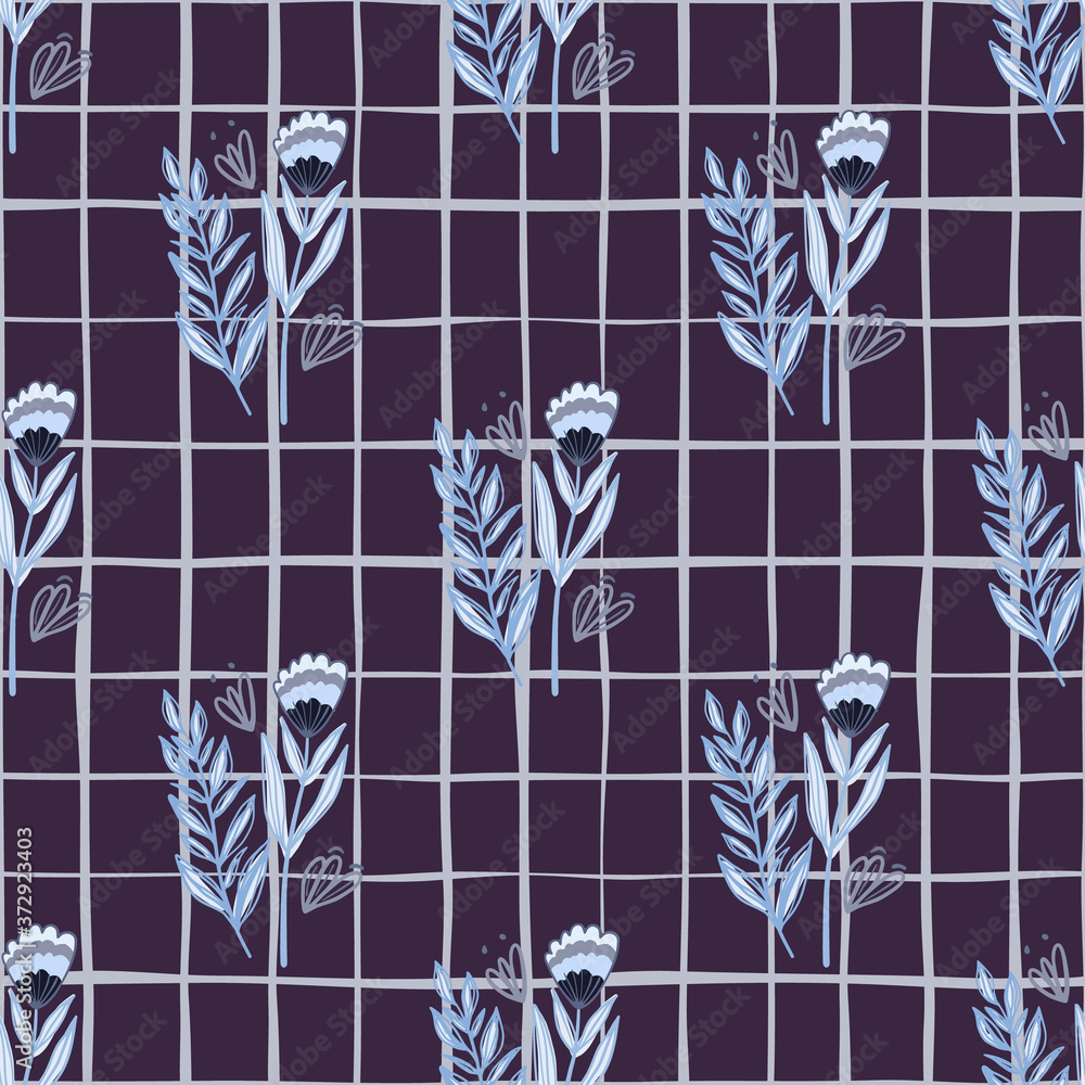 Fototapeta premium Blue tones outline floral ornament with forest elements seamless pattern. Branches and flowers on chequered background.