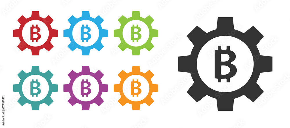 Black Cryptocurrency coin Bitcoin icon isolated on white background. Gear and Bitcoin setting. Blockchain based secure crypto currency. Set icons colorful. Vector.