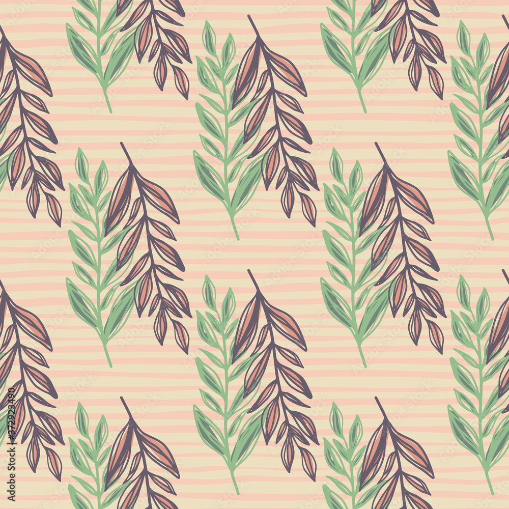 Fototapeta premium Simple herbal seamless pattern with purple and green branches. Foliage silhouettes on light stripped background.