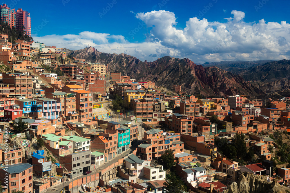 Aerial view of La Paz city with a beautiful landscape in the background from one of its cable cars