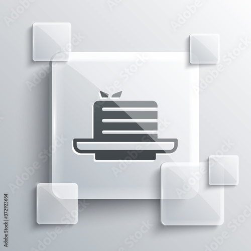 Grey Medovik icon isolated on grey background. Honey layered cake or russian cake Medovik on plate. Square glass panels. Vector.