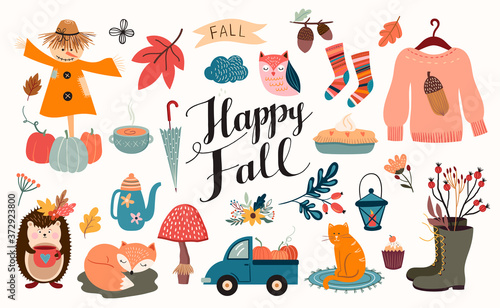 Autumn elements collection with seasonal cute elements and hand lettering, isolated on white
