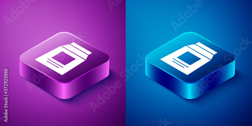 Isometric Sports nutrition bodybuilding proteine power drink and food icon isolated on blue and purple background. Square button. Vector.