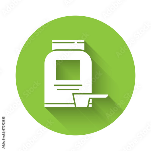 White Sports nutrition bodybuilding proteine power drink and food icon isolated with long shadow. Green circle button. Vector.