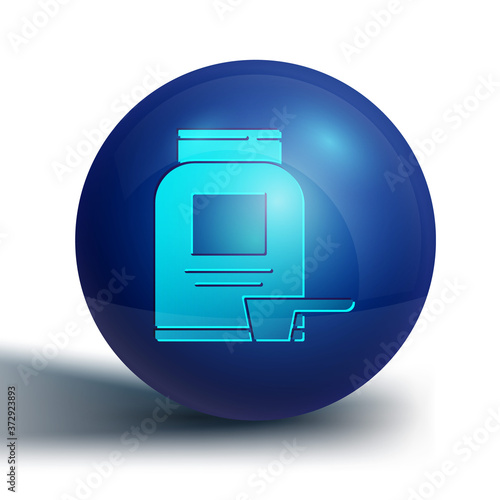 Blue Sports nutrition bodybuilding proteine power drink and food icon isolated on white background. Blue circle button. Vector.