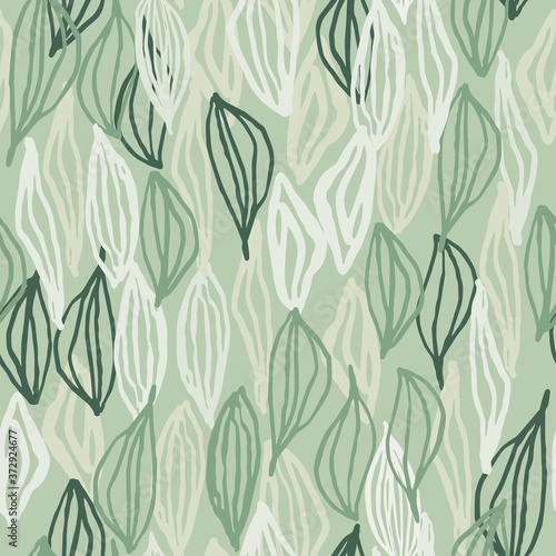 Pastel light seamless pattern with white and green contoured leaf ornament. Soft green background.