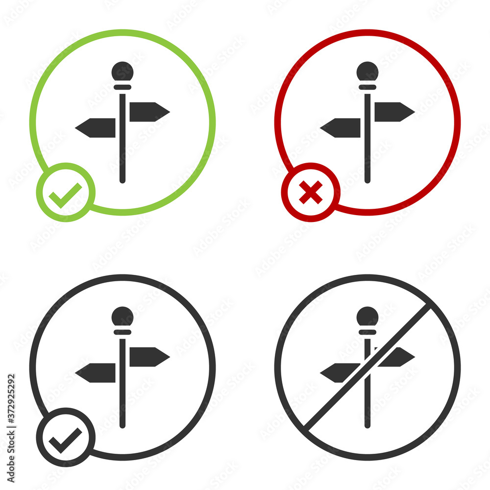 Black Road traffic sign. Signpost icon isolated on white background. Pointer symbol. Street information sign. Direction sign. Circle button. Vector. Black Road traffic sign. Signpost icon isolated on white background. Pointer symbol. Street information sign. Direction sign. Circle button. Vector.