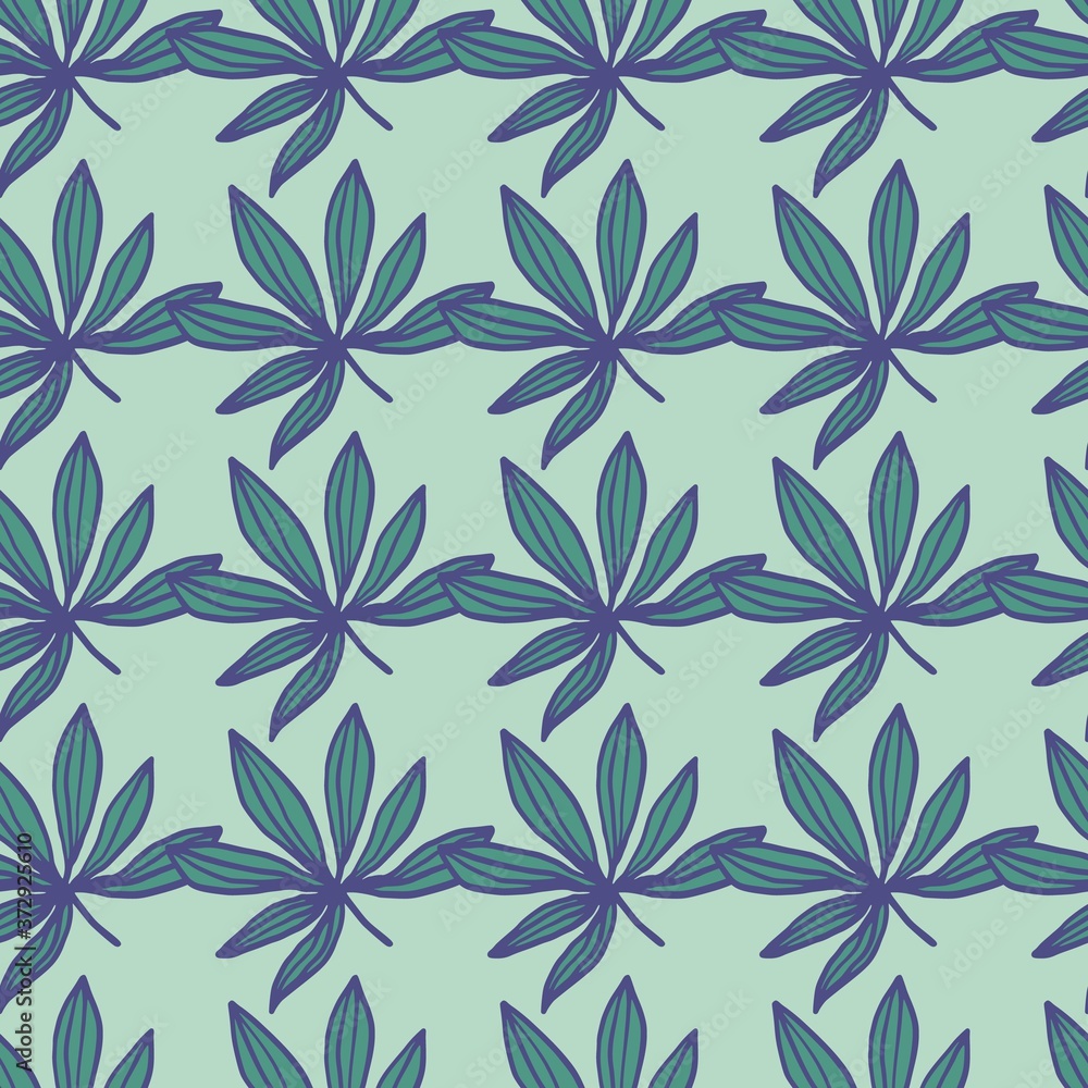 Geometric seamless drug sheet pattern. Cannabis leafs in green and blue colors with light pastel background.