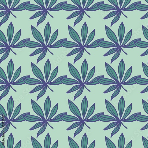 Geometric seamless drug sheet pattern. Cannabis leafs in green and blue colors with light pastel background.