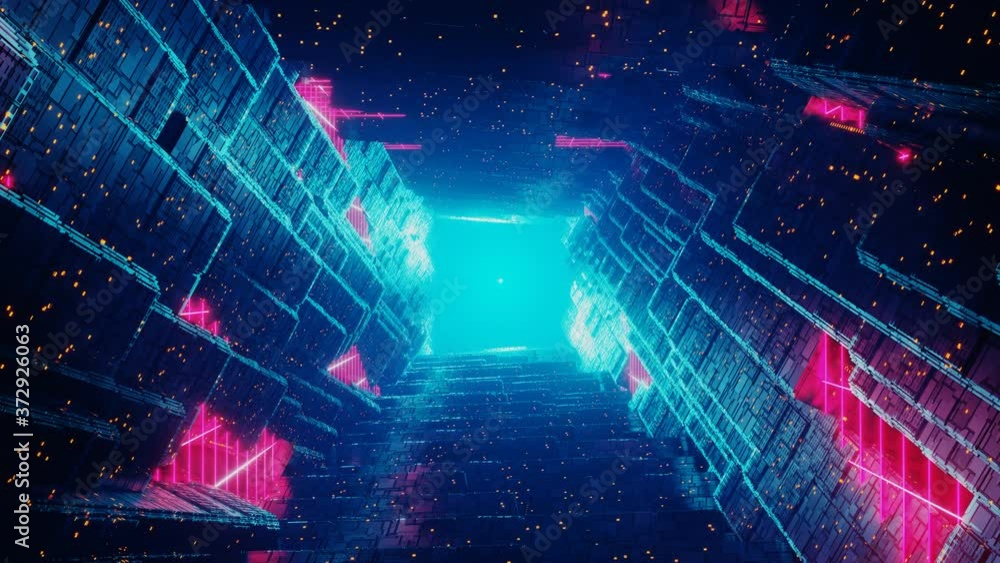 Infinite loopable rock tunnel in cyberspace, retro futuristic concept. 3D render animation. Rock lanscape in cosmos or galaxy, space 80s style wireframe for VJ DJ music background. Digital geometric