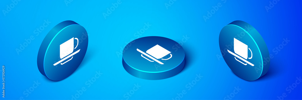 Isometric Coffee cup icon isolated on blue background. Tea cup. Hot drink coffee. Blue circle button. Vector. Isometric Coffee cup icon isolated on blue background. Tea cup. Hot drink coffee. Blue circle button. Vector.
