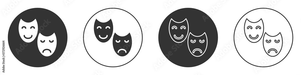 Black Comedy and tragedy theatrical masks icon isolated on white background. Circle button. Vector. Black Comedy and tragedy theatrical masks icon isolated on white background. Circle button. Vector.