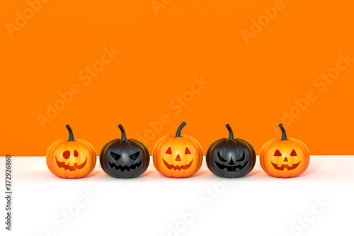 Halloween pumpkin on orange and white two-tone background 3d rendering. 3d illustration pumpkin for celebration Halloween event template minimal style concept.