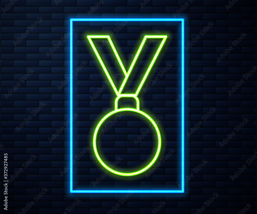 Glowing neon line Medal icon isolated on brick wall background. Winner achievement sign. Award medal. Vector Illustration. Glowing neon line Medal icon isolated on brick wall background. Winner achievement sign. Award medal. Vector Illustration.
