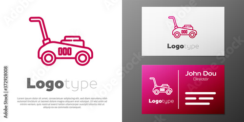 Logotype line Lawn mower icon isolated on white background. Lawn mower cutting grass. Logo design template element. Vector Illustration.