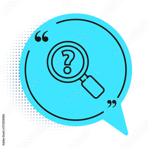 Black line Unknown search icon isolated on white background. Magnifying glass and question mark. Blue speech bubble symbol. Vector Illustration.