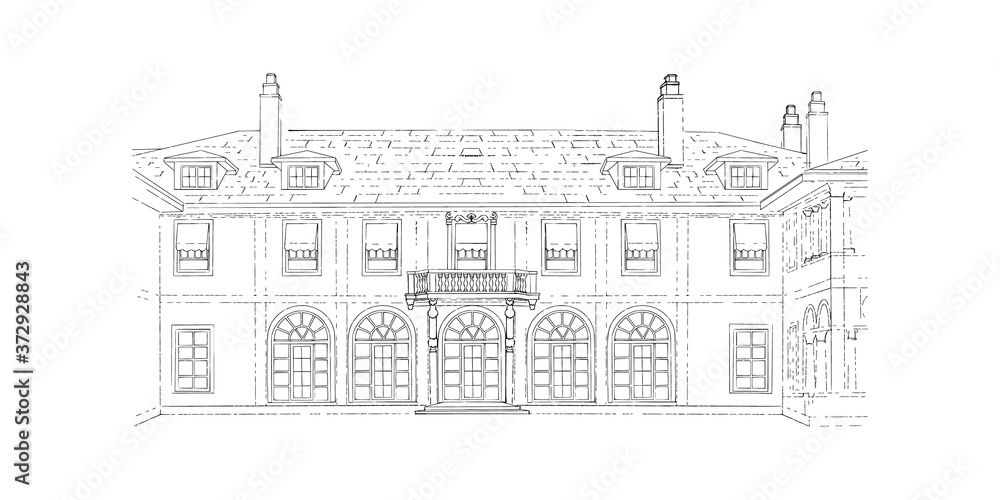 Black and white sketch, wedding venue, architecture. Vector illustration with style mansion, country estate. Historic building, location for your elegant countryside wedding.