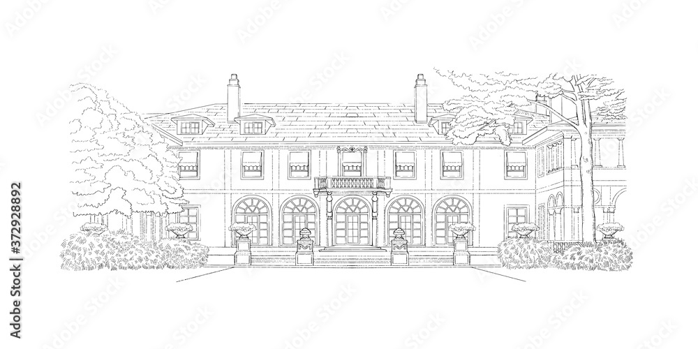 Black and white sketch, wedding venue, architecture. Vector illustration with style mansion, big tree in front of it, country estate. Historic building, location for your elegant countryside wedding.