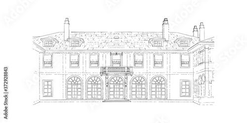 Black and white sketch, wedding venue, architecture. Vector illustration with style mansion, country estate. Historic building, location for your elegant countryside wedding.