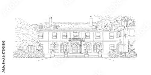 Black and white sketch, wedding venue, architecture. Vector illustration with style mansion, big tree in front of it, country estate. Historic building, location for your elegant countryside wedding.
