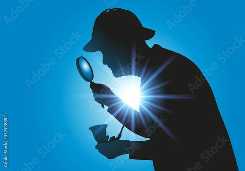 Silhouette du personnage de Sherlock Holmes, le détective à la recherche d’indices avec sa célèbre loupe et sa pipe.